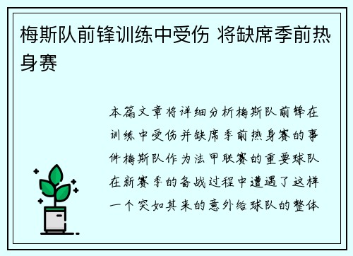 梅斯队前锋训练中受伤 将缺席季前热身赛