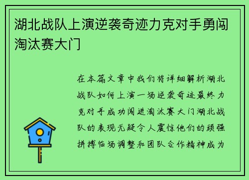 湖北战队上演逆袭奇迹力克对手勇闯淘汰赛大门